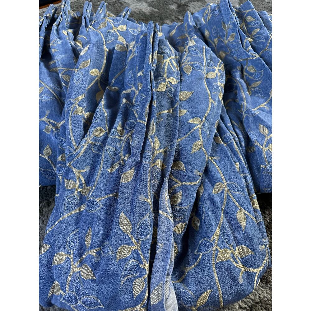 3 Vintage blue curtains drapes floral metallic gold luxury jacquard pinch pleat
